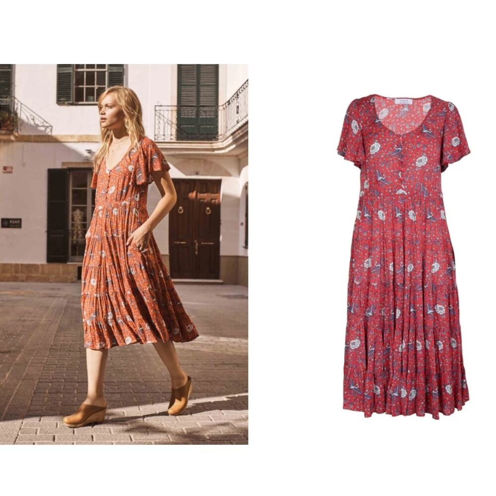 AUGUSTE Valentina Fiesta Day Dress Off Red Metallic Cranes short sleeve midi 2